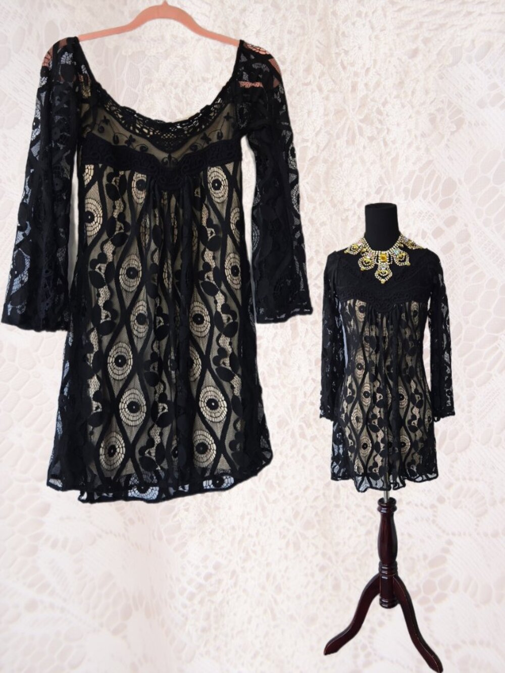 Sky Midi Length Black Lace Dress Bell Sleeves Romantic Boho Glam